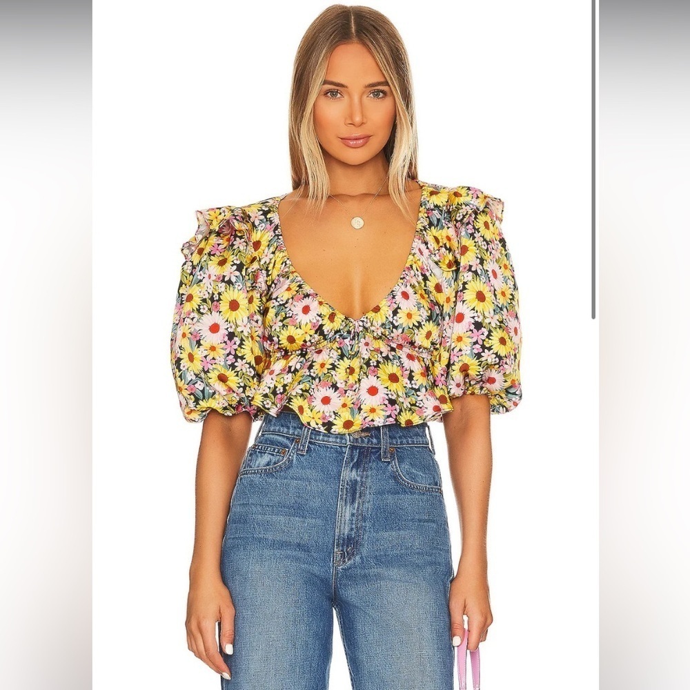 New! For love and lemons Glenn floral puff sleeve crop top 4447